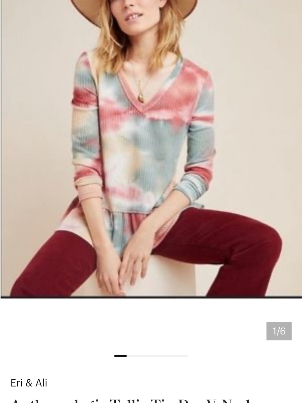 Anthropologie Eri + ali Pastel Tie-Dye V-Neck Peplum shirt - Pink, Green, Cream